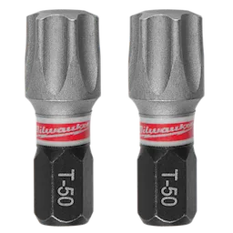 The image shows two Milwaukee T-50 screwdriver bits with Torx heads. The steel bits have a silver top, a black lower section labeled "T-50," and a red band with the brand name "Milwaukee." They are designed for screwing or unscrewing Torx screws.
