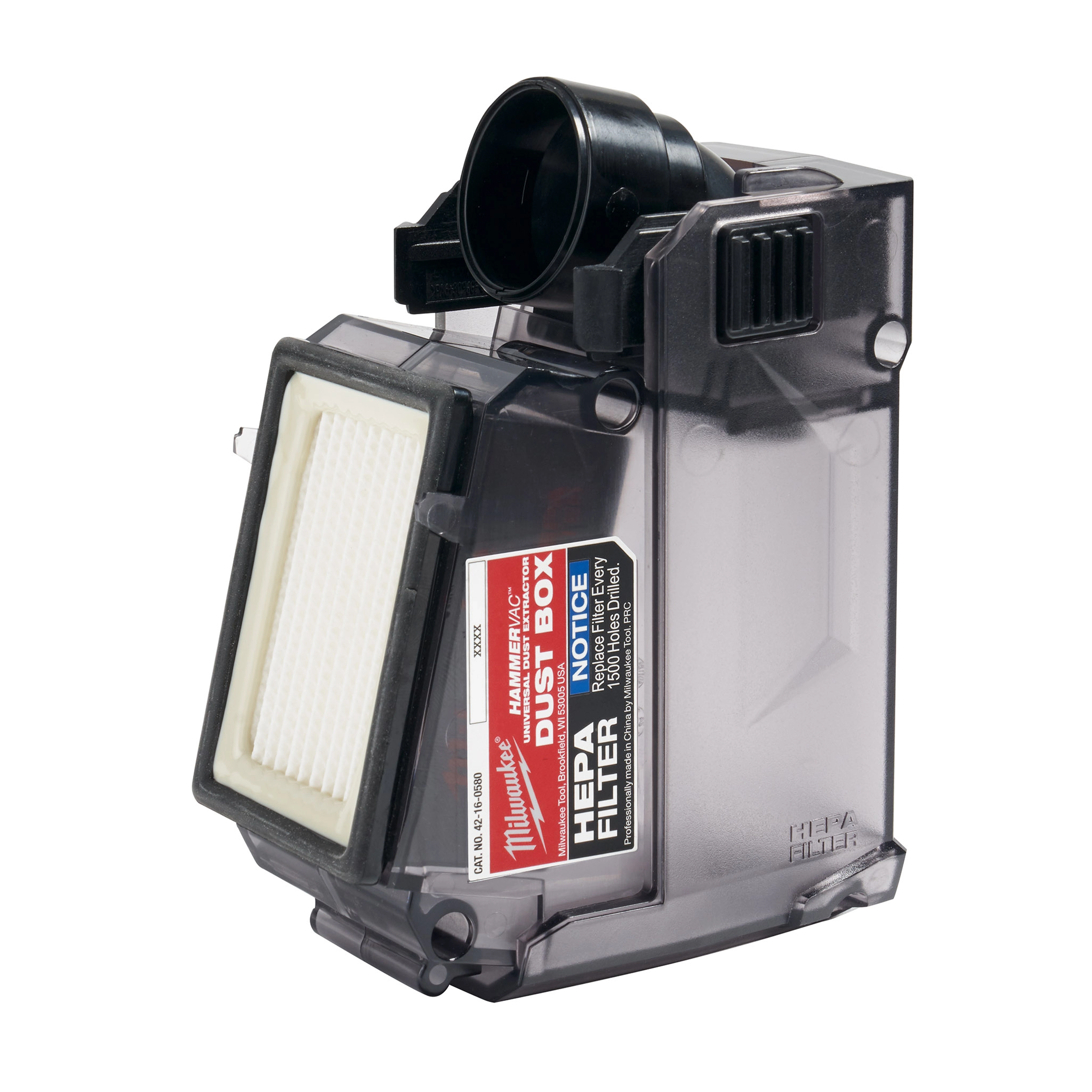 M12 HAMMERVAC Universal Dust Extractor, dust box, filter, and lid shown with HEPA filter and clear plastic casing.