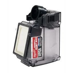 M12 HAMMERVAC Universal Dust Extractor, dust box, filter, and lid shown with HEPA filter and clear plastic casing.