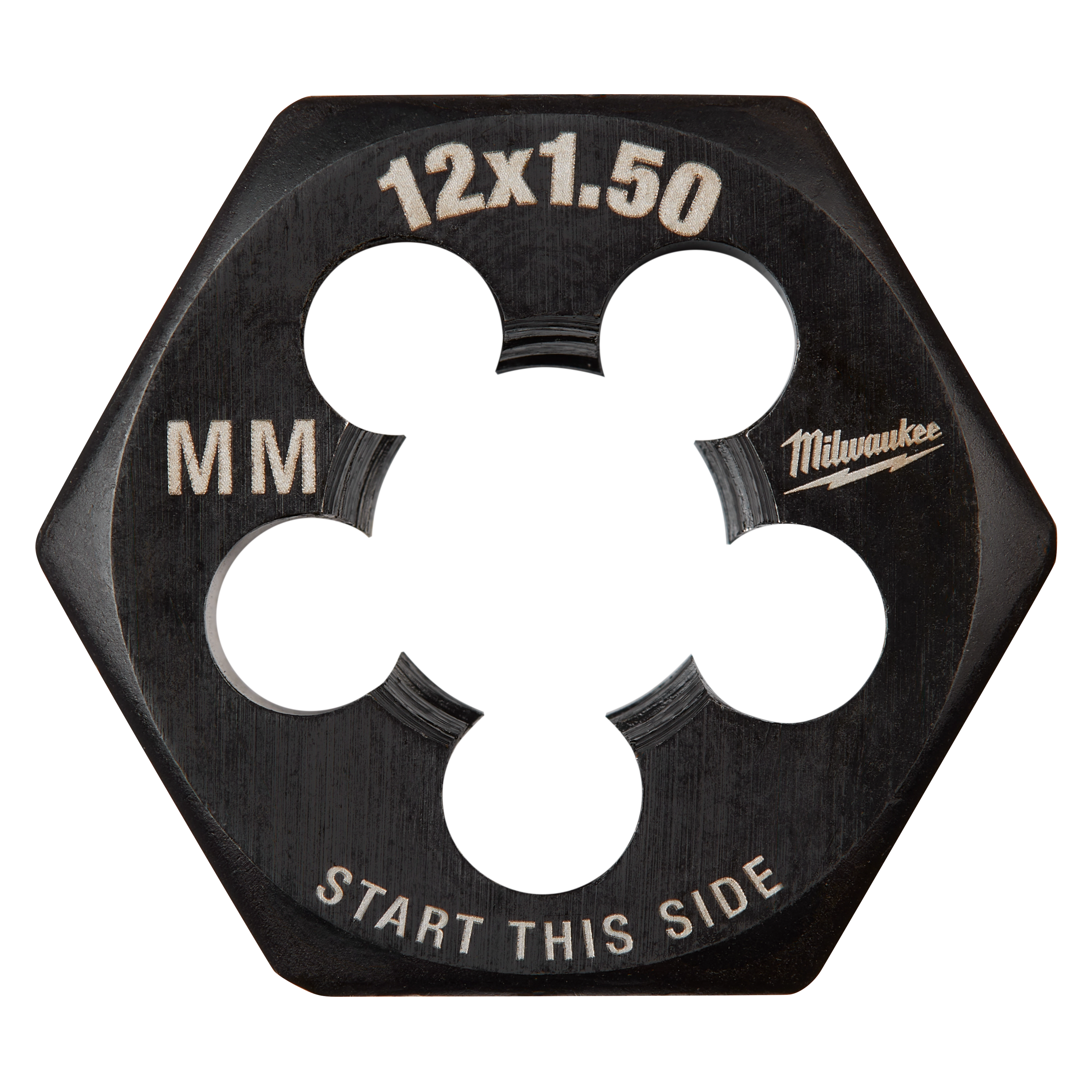 M12-1.50 20mm 1-Inch Hex Threading Die in black with "12x1.50" at the top, "MM" on the left, and "Start This Side" at the bottom.