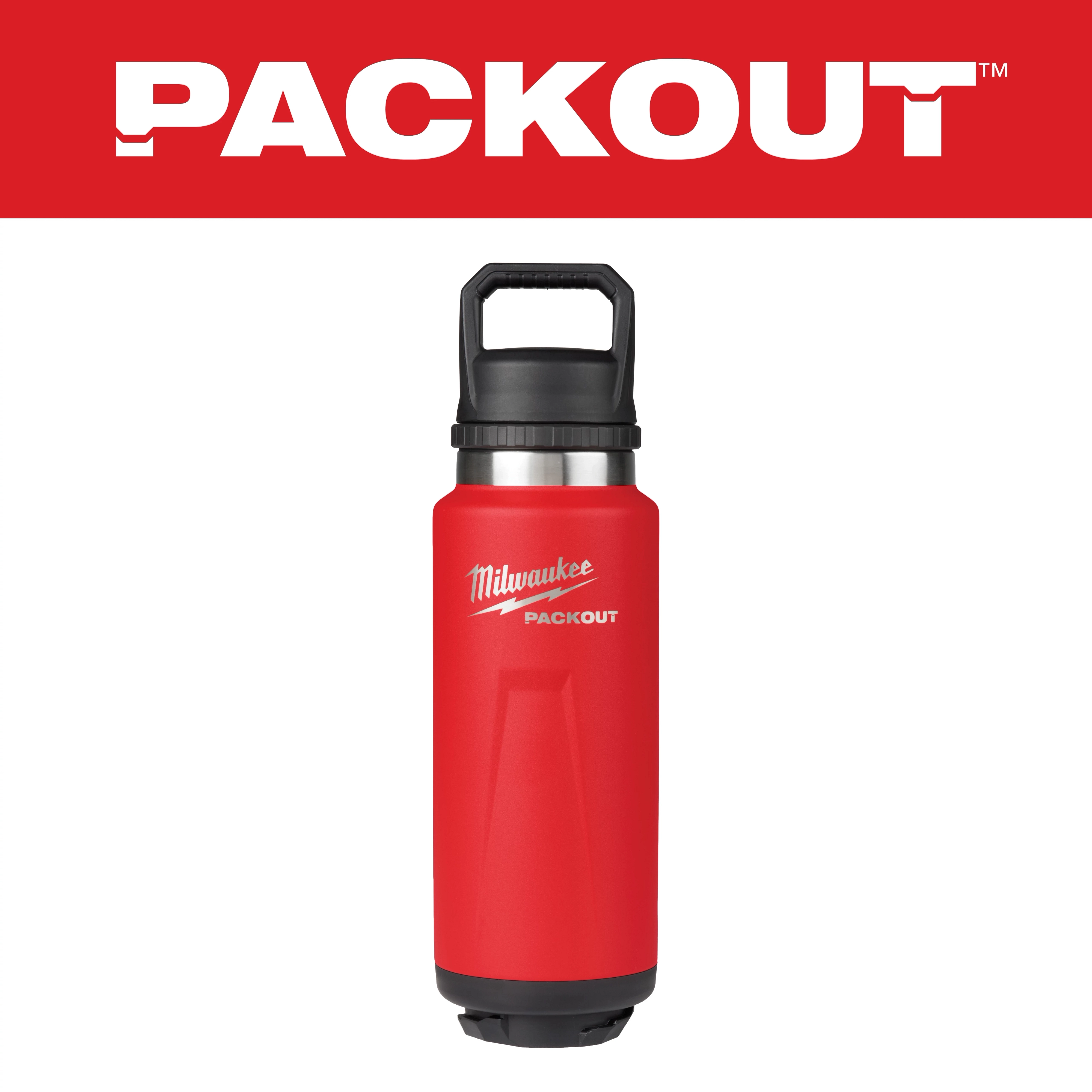 Milwaukee Packout insulated bottle in red with black lid, shown under a red banner with the word “Packout” in white text.