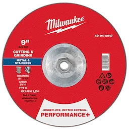 A round red cutting and grinding wheel labeled "9" x 1/8" x 5/8"-11 Performance+ Dual Metal Cut & Grind Wheel - Type 27" for metal and stainless steel.