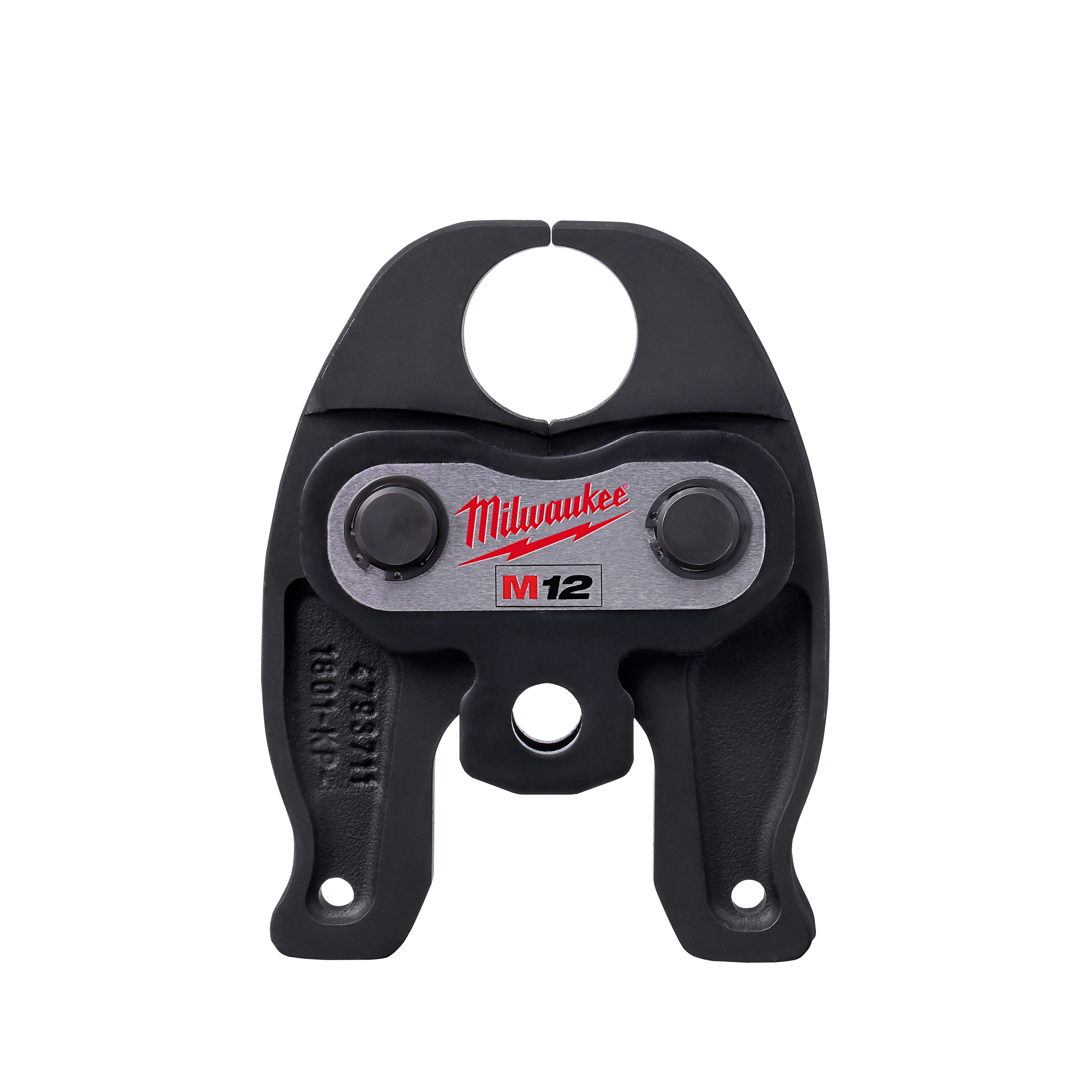 1" PEX Crimp (F1807) Jaw for M12 FORCE LOGIC Press Tool, featuring a durable metal and plastic construction with black and silver colors.