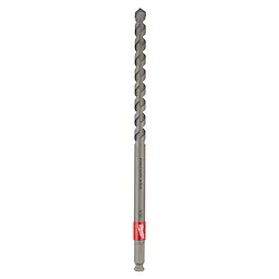 The 9/16"x12" Shockwave Lineman's Fiberglass Drill Bit features a spiral design and a pointed tip for drilling through fiberglass. The bit measures 12 inches in length with a 9/16 inch diameter, and has a red band near the base with the brand logo.
