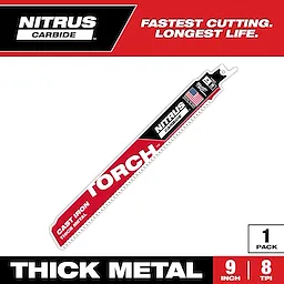 The Nitrus Carbide Torch blade is designed for cutting thick metal and cast iron. It is 9 inches long with 8 teeth per inch. The packaging states "Fastest Cutting. Longest Life" and indicates it is made in the USA.