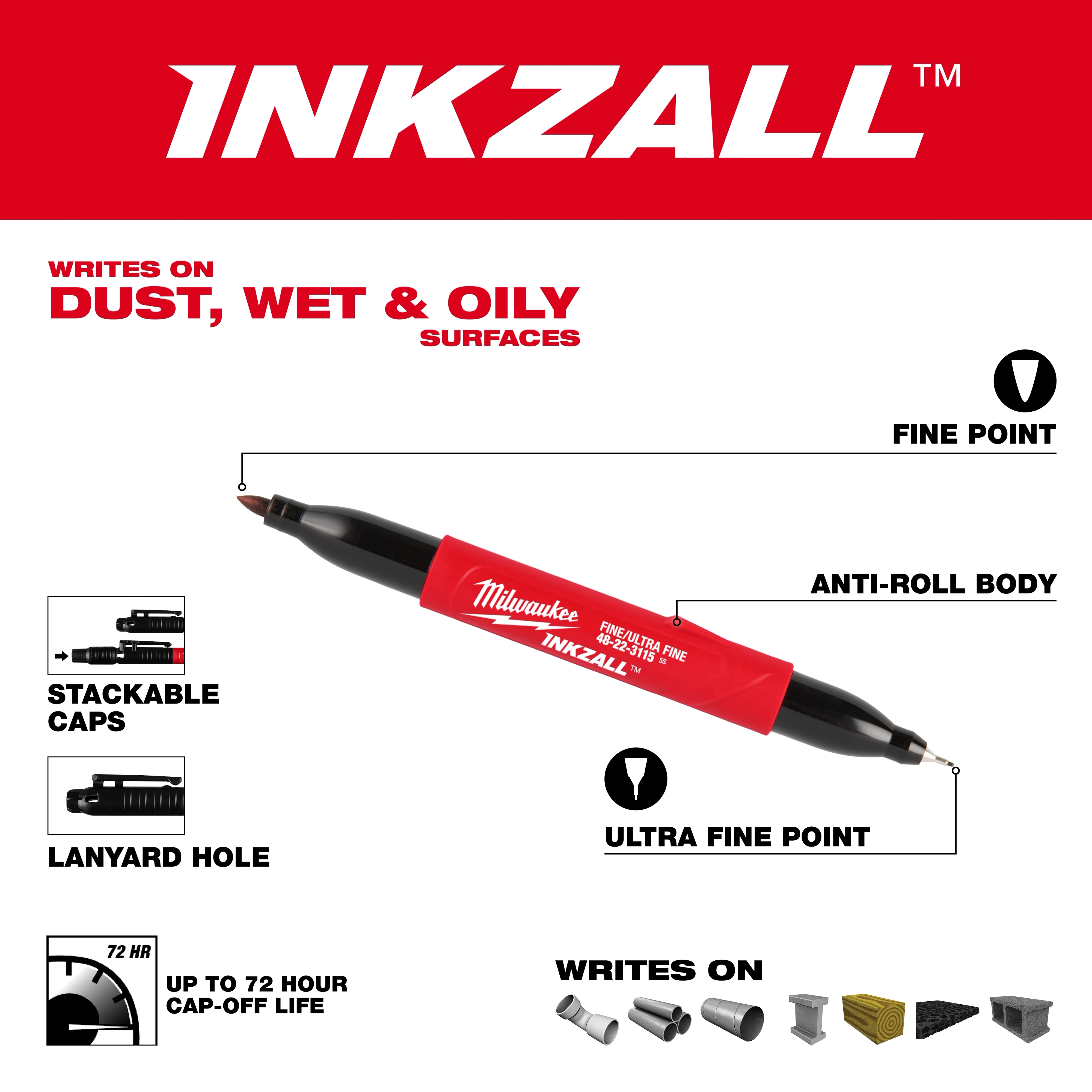 INKZALL Double Sided Black Jobsite Marker features fine point and chisel tip, writes on dusty, wet, and oily surfaces, with up to 72 hours cap-off life.