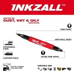 INKZALL Double Sided Black Jobsite Marker features fine point and chisel tip, writes on dusty, wet, and oily surfaces, with up to 72 hours cap-off life.