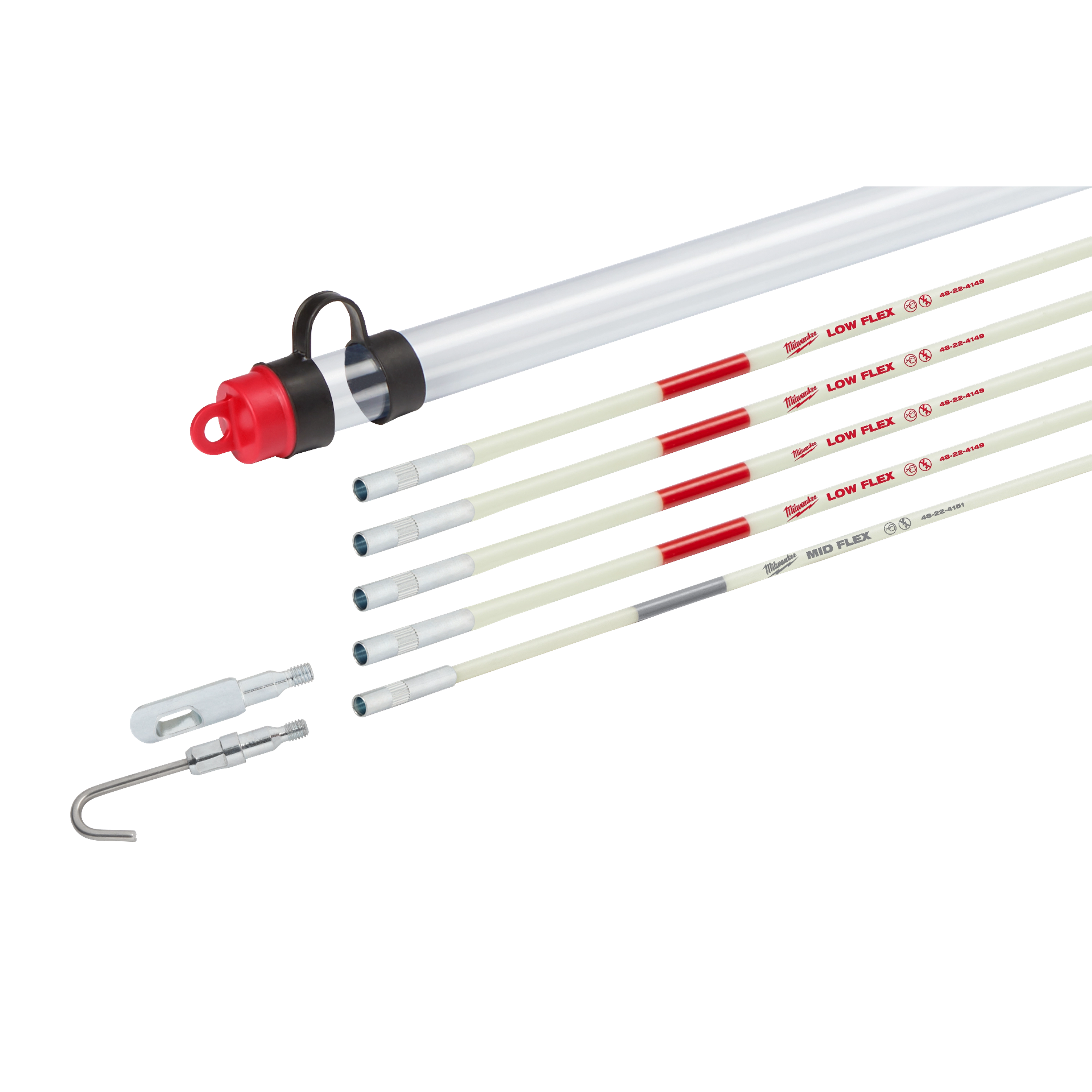 25 Foot Combo Fish Stick Kit includes five flexible rods with red tips, a silver storage tube, and various attachment hooks.