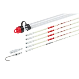 25 Foot Combo Fish Stick Kit includes five flexible rods with red tips, a silver storage tube, and various attachment hooks.