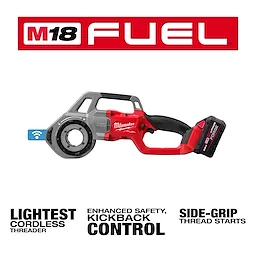 This is an image of the M18 FUEL™ Compact Pipe Threader with ONE-KEY™ and 1/2" - 1-1 the compact NPT forged aluminum die heads. The top banner displays “M18 FUEL™.” The image highlights the threader’s features: lightest cordless threader, enhanced safety with optimized kickback control, and side-grip thread starts.