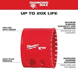 Red Milwaukee 2-1/4" Diamond Max Hole Saw with features: maximum diamond durability, easy plug removal, increased diamond exposure, and arbor compatibility.