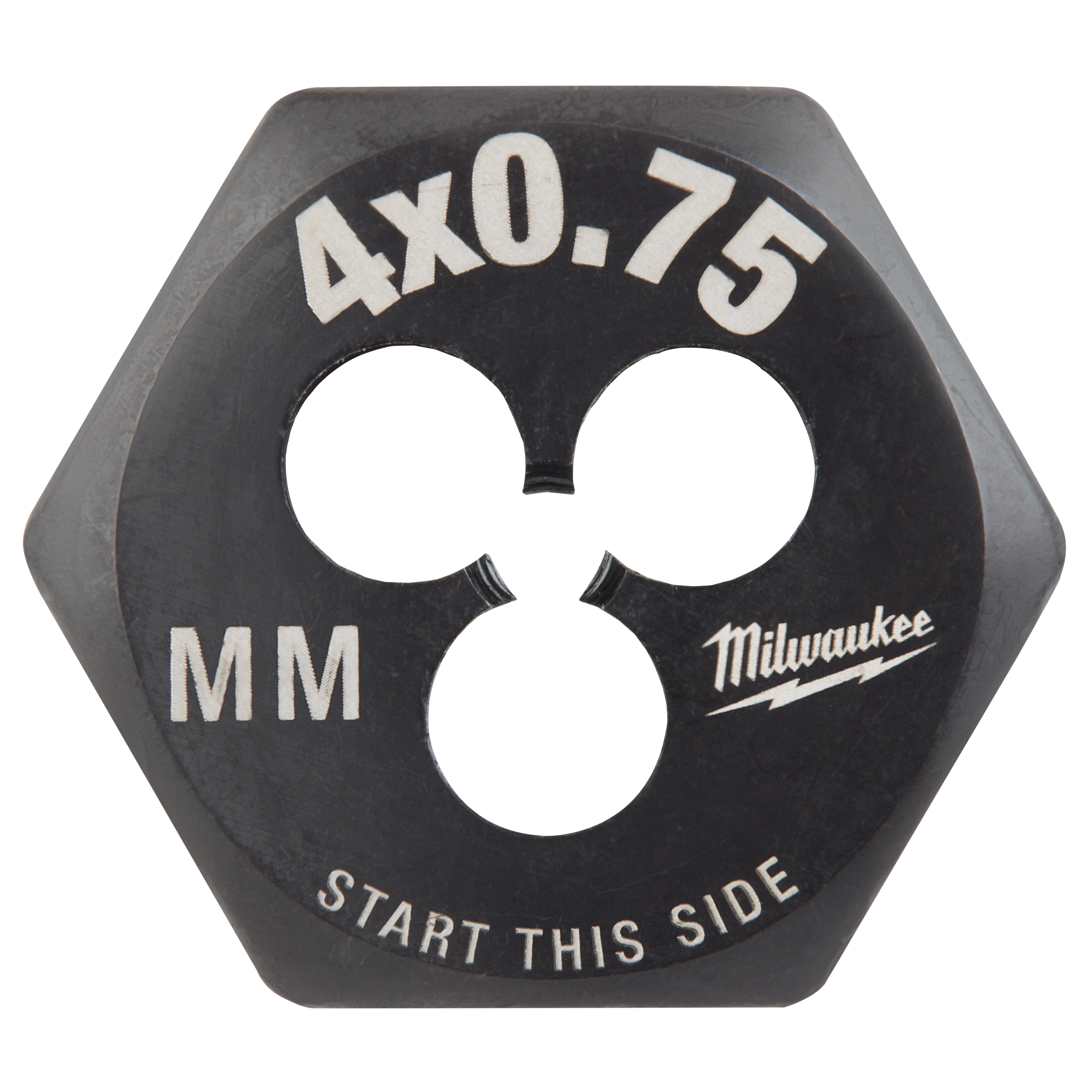 The image features the M4-0.75%20mm%201-Inch Hex Die, a black, hexagonal tool used for threading. It is labeled with the size and "Start this side."