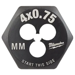 The image features the M4-0.75%20mm%201-Inch Hex Die, a black, hexagonal tool used for threading. It is labeled with the size and "Start this side."