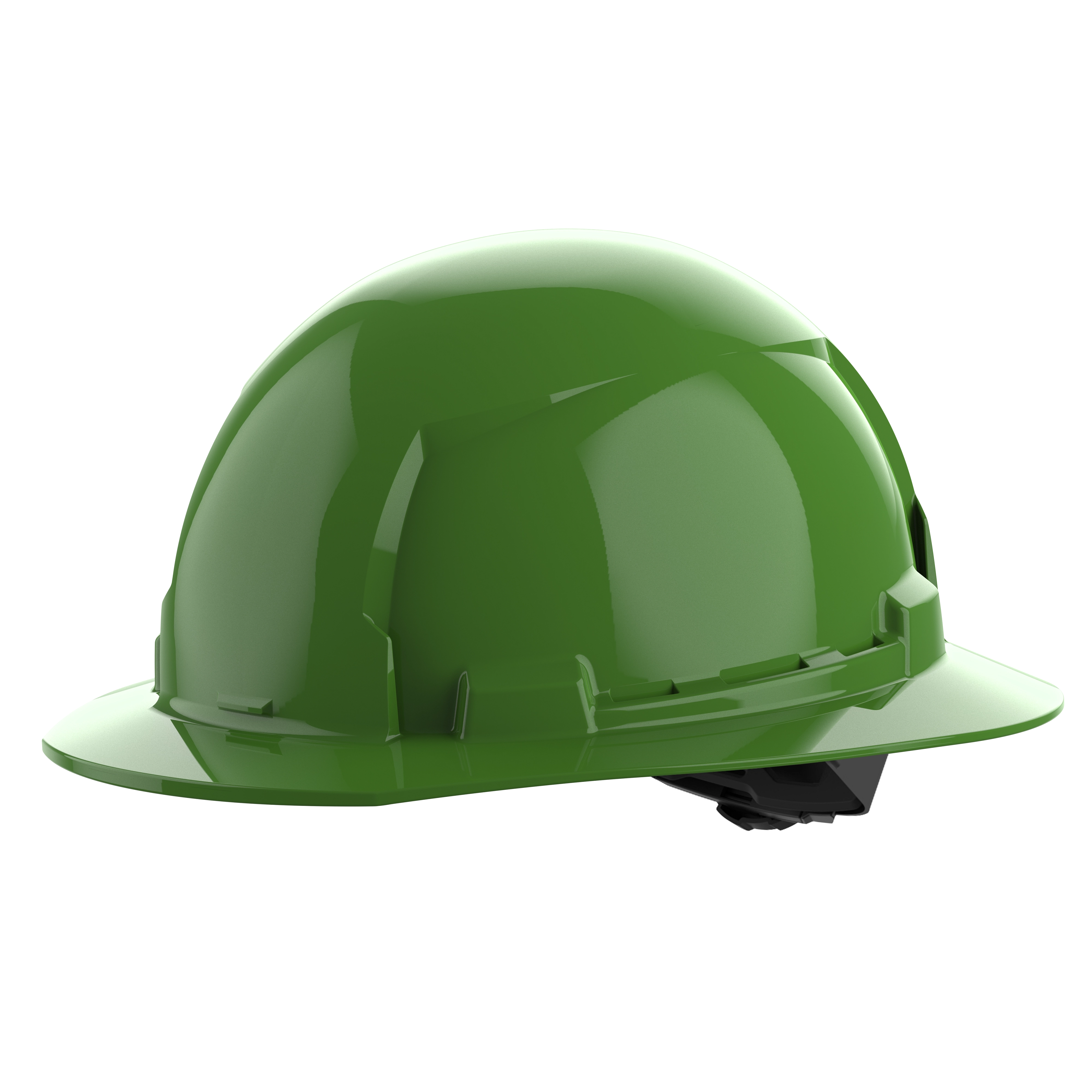BOLT Green Full Brim Hard Hat w/4pt Ratcheting Suspension (USA) - Type 1, Class E on a plain white background
