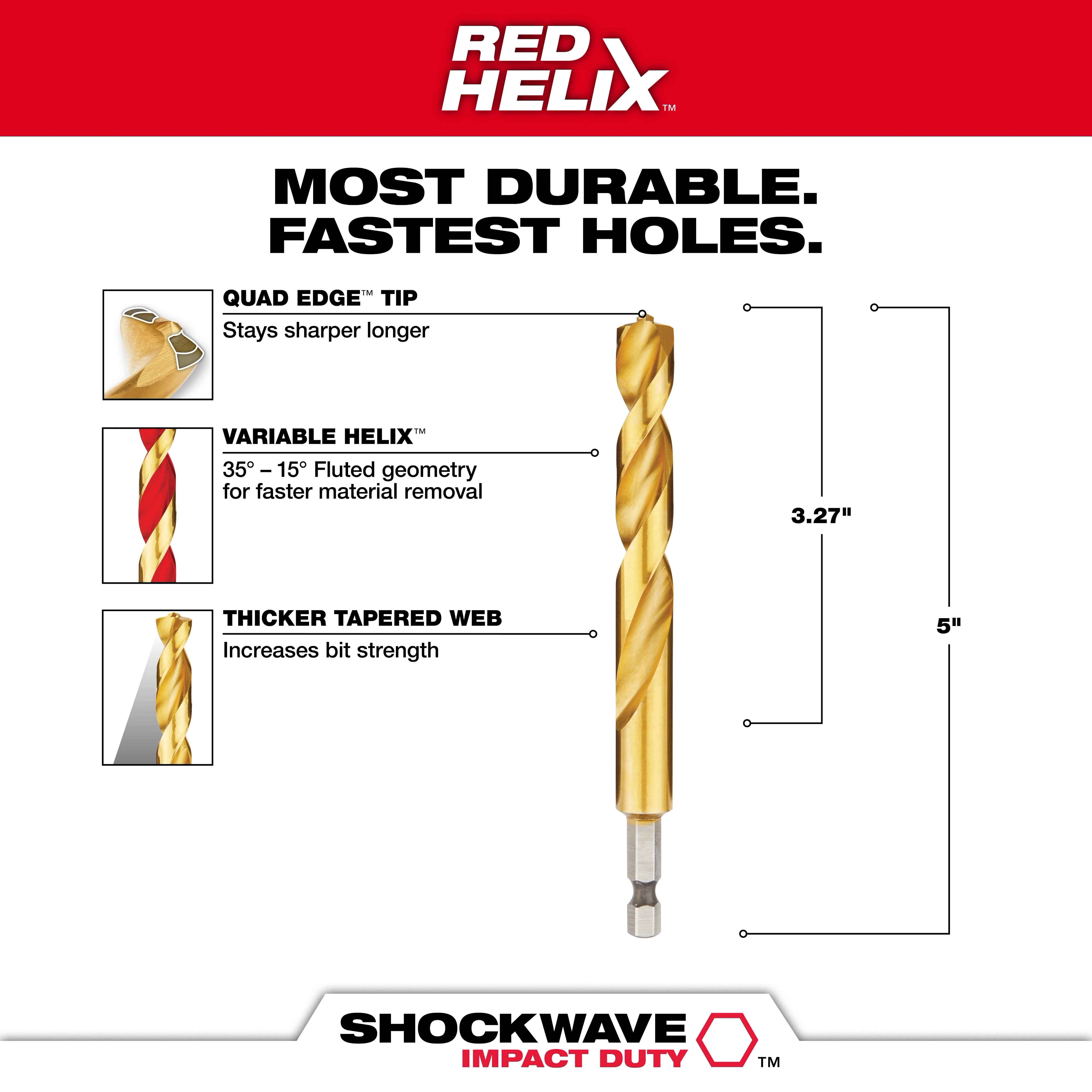 Milwaukee 48-89-4627 Walkaround drill bit with RED HELIX design features Quad Edge tip, Variable Helix, and Thicker Tapered Web.