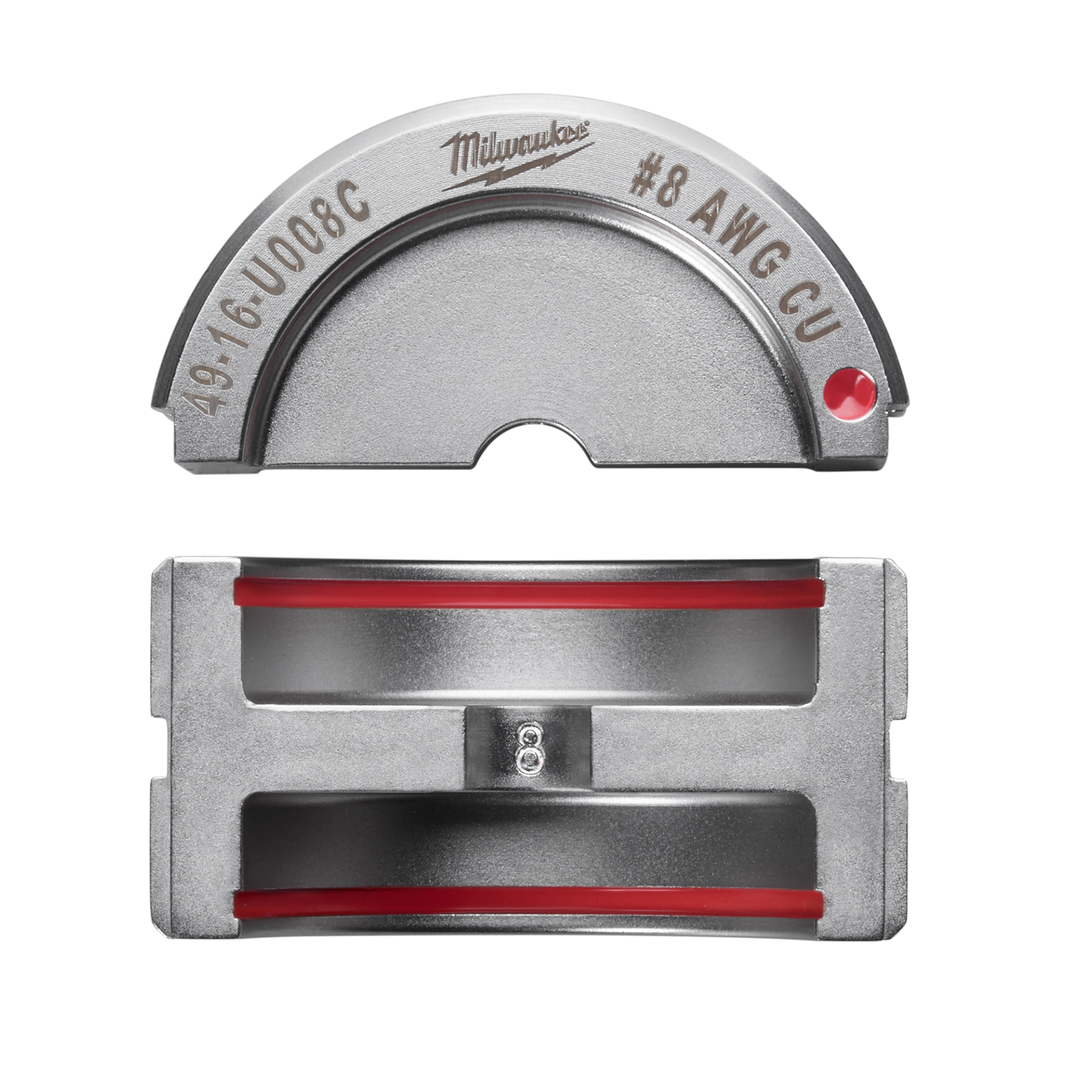 The product image features the %238%20Copper%20U%20Style%20Die, a metal tool part used for crimping. The die is silver with red accents and has inscriptions indicating it is for #8 AWG CU wire. The brand logo is visible on the upper section.