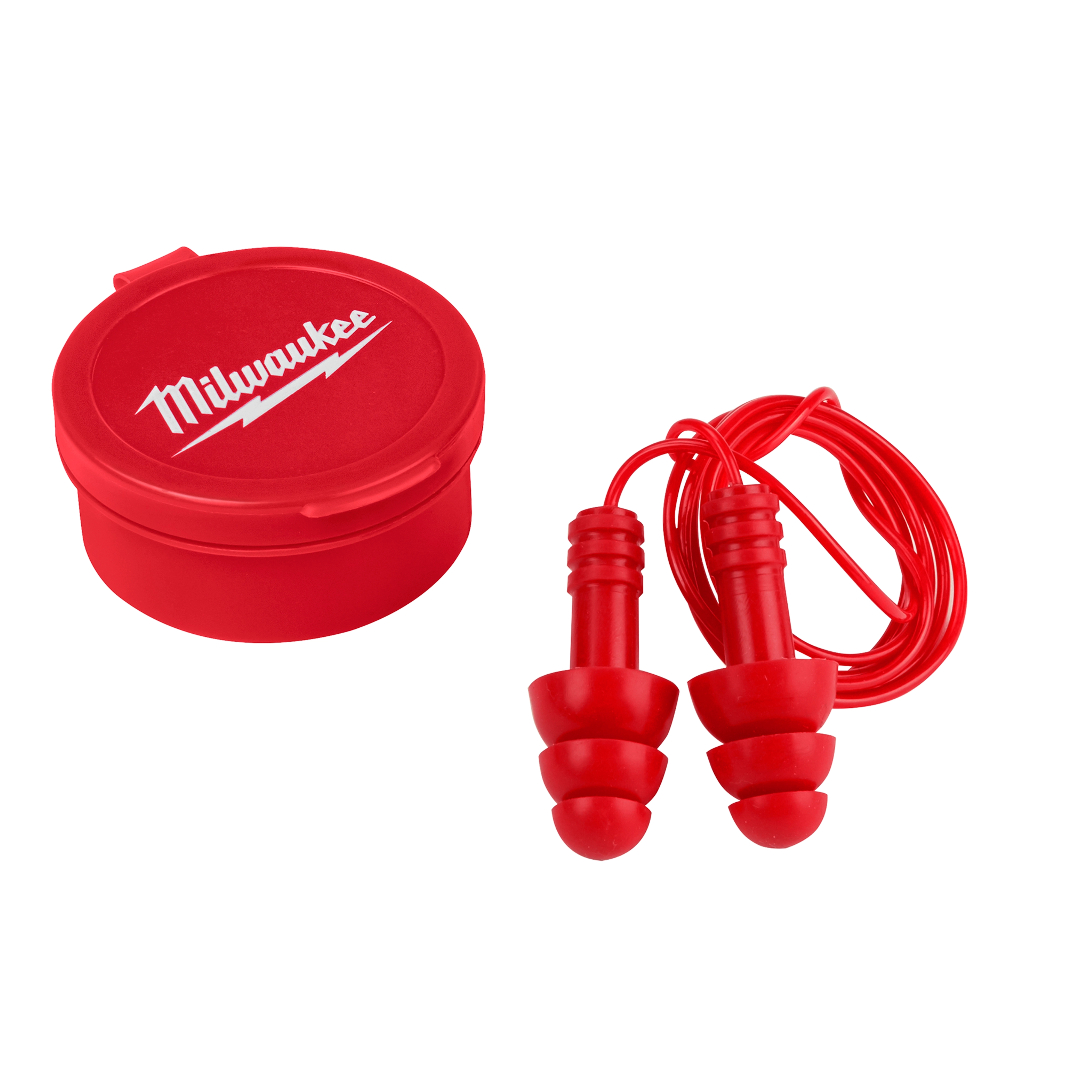 Reusable Corded Ear Plugs in red with a matching red storage case. The ear plugs feature a triple flange design and a long cord.