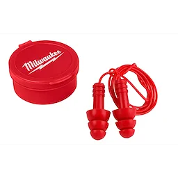 Reusable Corded Ear Plugs in red with a matching red storage case. The ear plugs feature a triple flange design and a long cord.