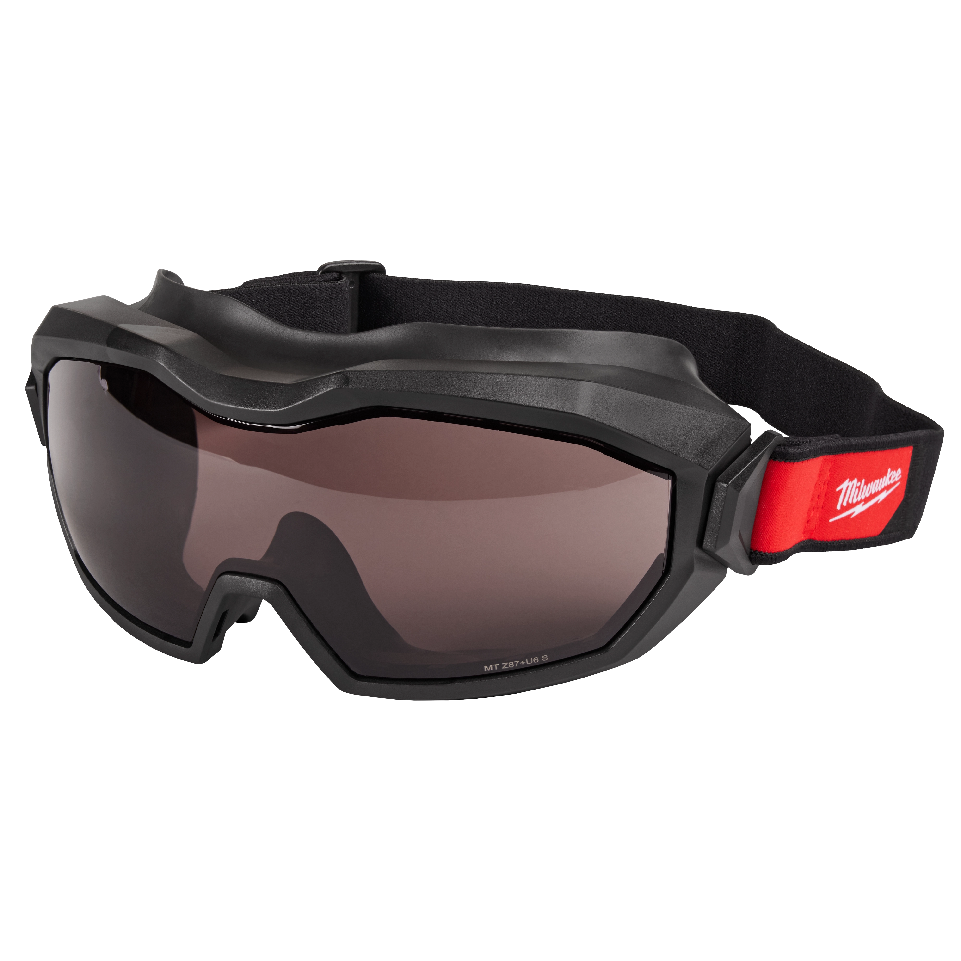 Vented Goggles - Tinted Dual Coat Lens with black frames, adjustable black strap, and red branded accent.