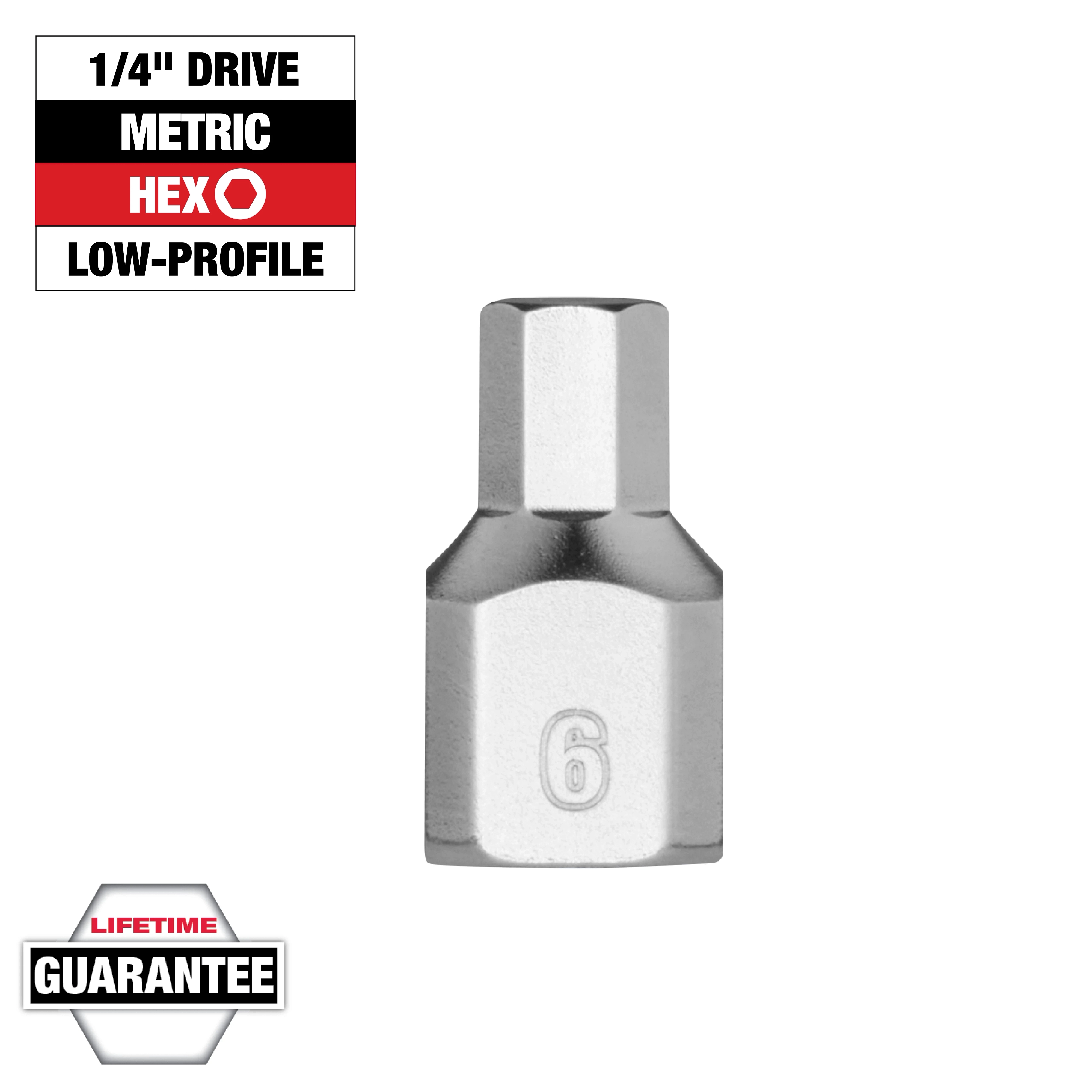 1/4" Drive 6mm Low-Profile Hex Bit Socket is shown with a '6' imprint, surrounded by labels for drive size, type, and lifetime guarantee.
