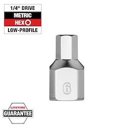 1/4" Drive 6mm Low-Profile Hex Bit Socket is shown with a '6' imprint, surrounded by labels for drive size, type, and lifetime guarantee.