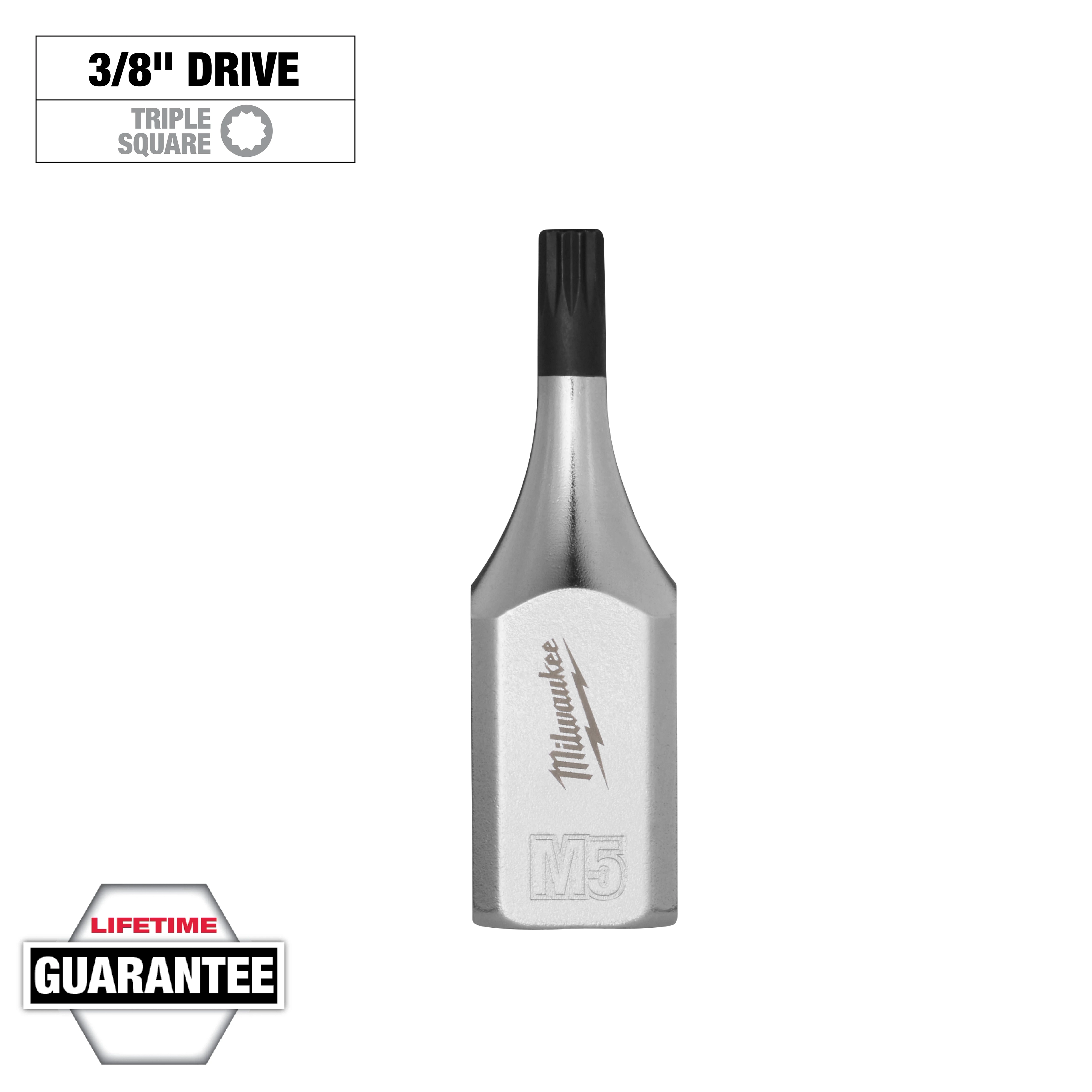 3/8" Drive 5mm Triple Square Bit Socket with a silver finish and ridged tip, alongside the brand name and a lifetime guarantee badge.