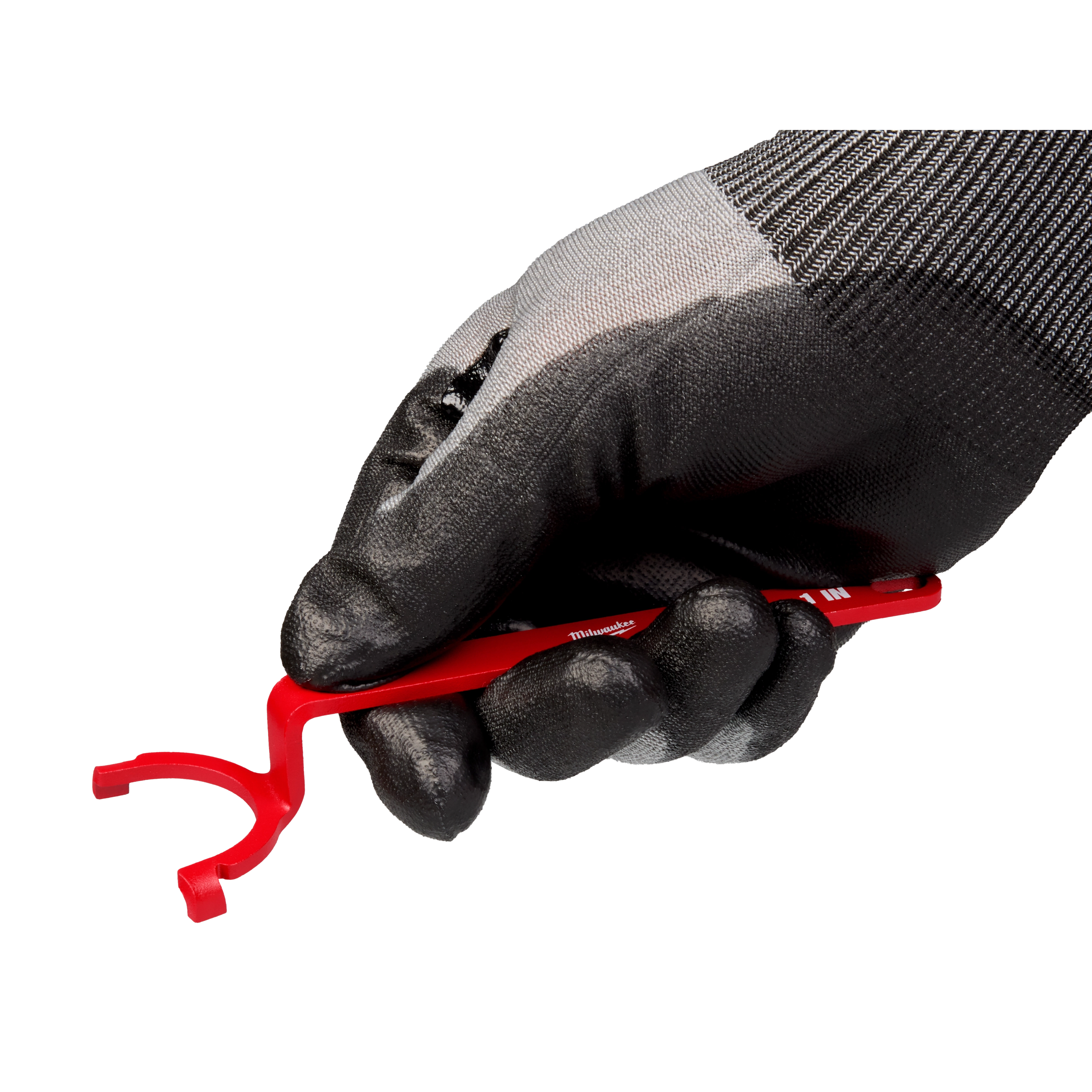 A gloved hand is holding a red tool from the 3 PC Locknut Wrench Set. The tool has a unique curved design at the end, suitable for locknut adjustments.