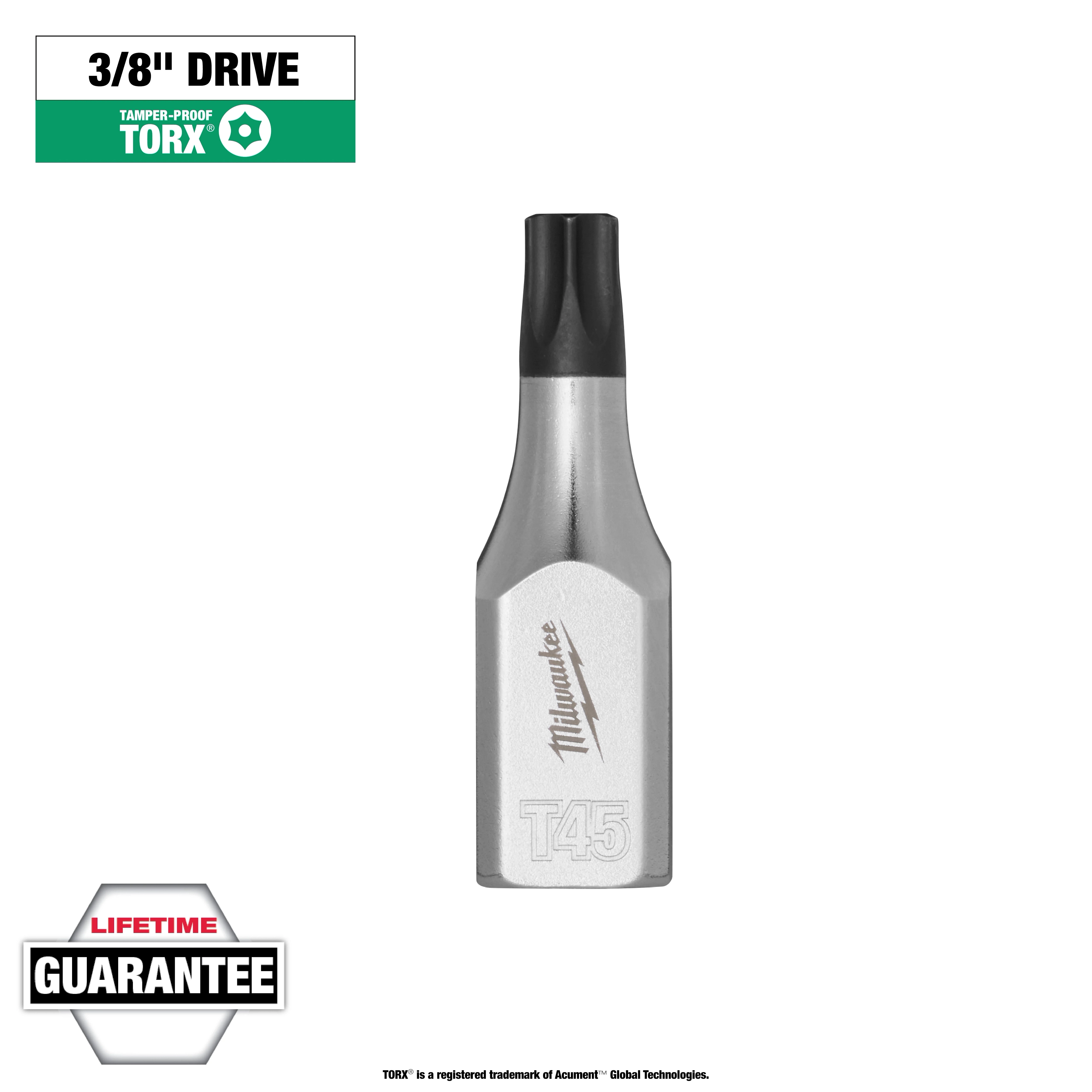 1/4" Drive T45 Tamper Proof TORX Bit Socket, with a silver finish and black tip. The socket features a lifetime guarantee badge.