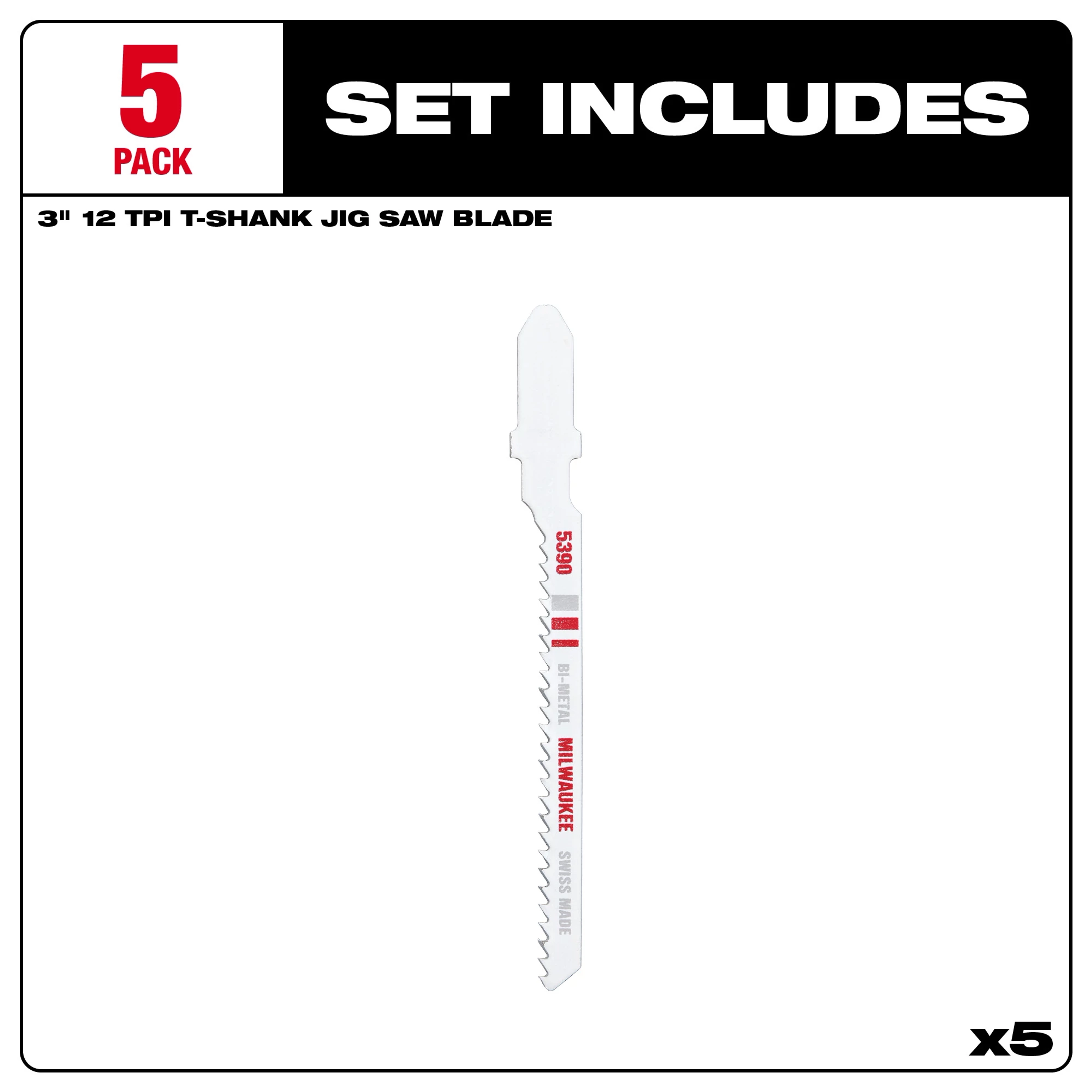 3" 12TPI T-Shank Multi-Material Bi-Metal Jig Saw Blades 5PK set includes five sturdy and versatile jig saw blades.