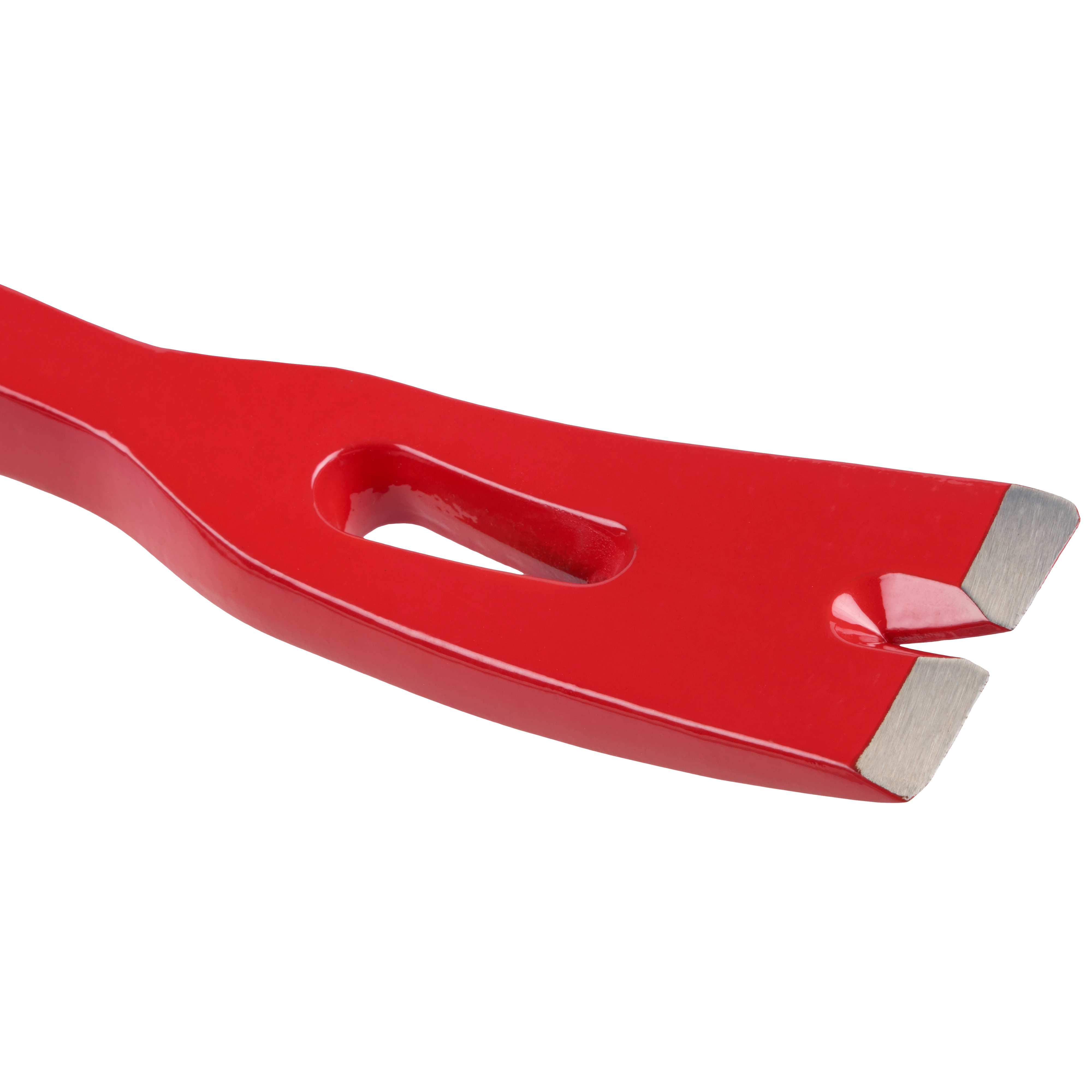 The 18" Wrecking Bar is a red, heavy-duty steel tool with a contoured edge and a slot in the middle, used for prying and demolition tasks.