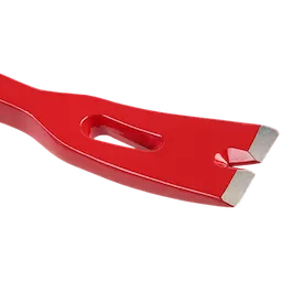 The 18" Wrecking Bar is a red, heavy-duty steel tool with a contoured edge and a slot in the middle, used for prying and demolition tasks.