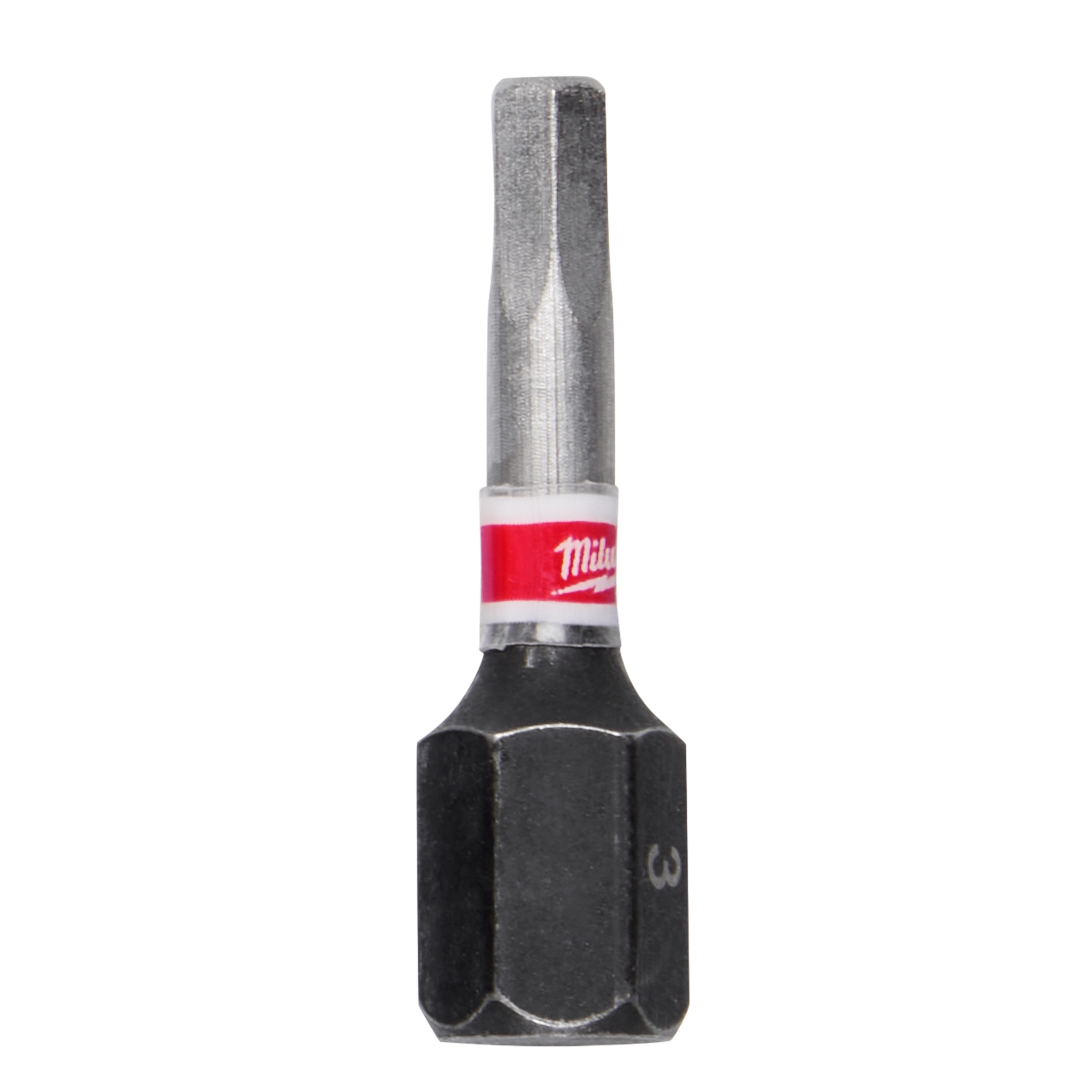 This is a close-up image of the SHOCKWAVE™ 1" Impact Duty Hex 3 MM Insert Bits Bulk 25. The bit has a hexagonal shape, with a black base and a metallic shaft. The red band near the top features the Milwaukee logo.