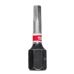 This is a close-up image of the SHOCKWAVE™ 1" Impact Duty Hex 3 MM Insert Bits Bulk 25. The bit has a hexagonal shape, with a black base and a metallic shaft. The red band near the top features the Milwaukee logo.