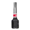 This is a close-up image of the SHOCKWAVE™ 1" Impact Duty Hex 3 MM Insert Bits Bulk 25. The bit has a hexagonal shape, with a black base and a metallic shaft. The red band near the top features the Milwaukee logo.