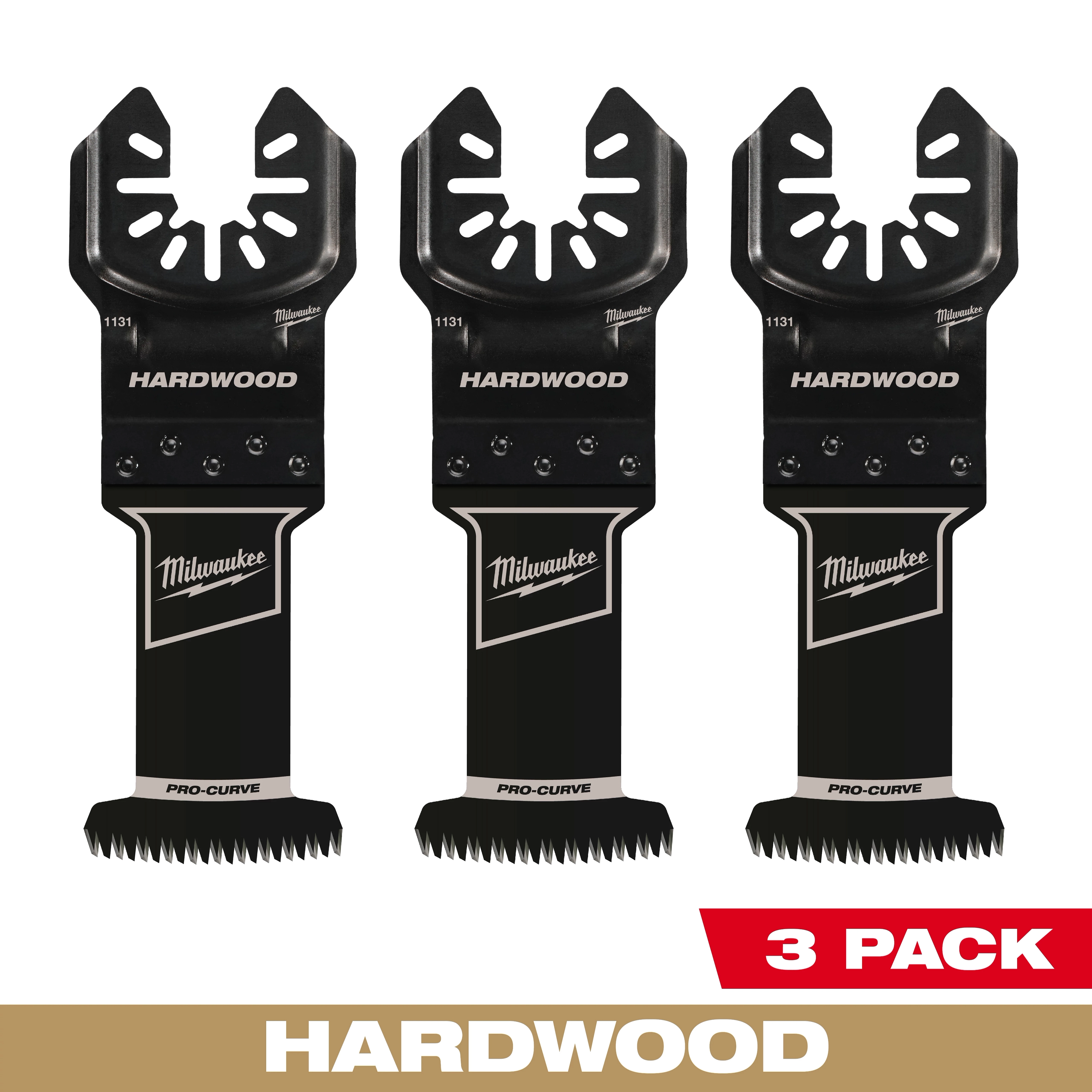 Three-pack of Milwaukee Open-Lok 1-3/8" HCS Japanese Tooth Pro-Curve Hardwood Multi-Tool Blades.