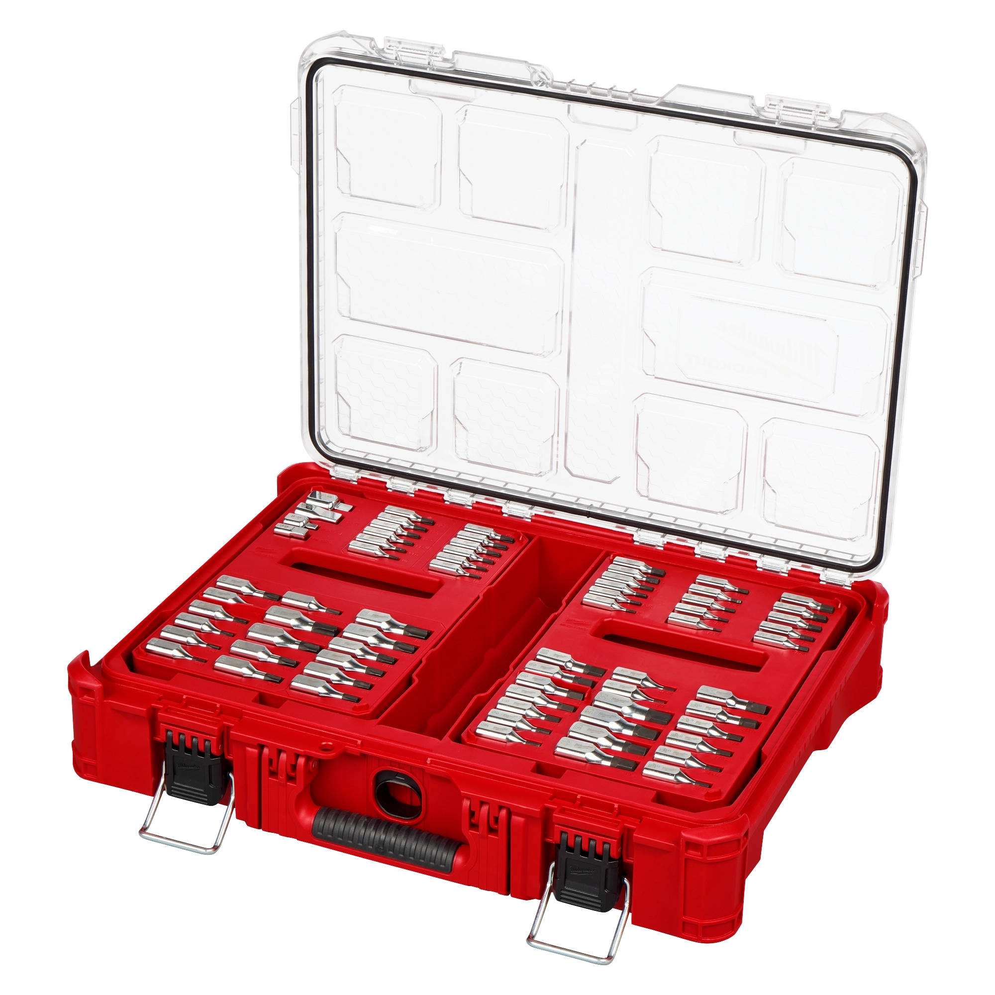 106pc 1/4", 3/8", and 1/2" Drive Bit Socket Set with PACKOUT Organizer in an open red hard case with organized bits.