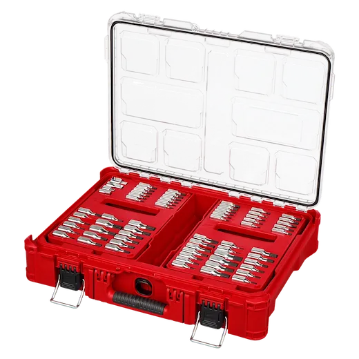 106pc 1/4", 3/8", and 1/2" Drive Bit Socket Set with PACKOUT Organizer in an open red hard case with organized bits.