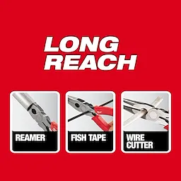8" Long Nose Pliers shown in three panels labeled reamer, fish tape, and wire cutter on a red background.