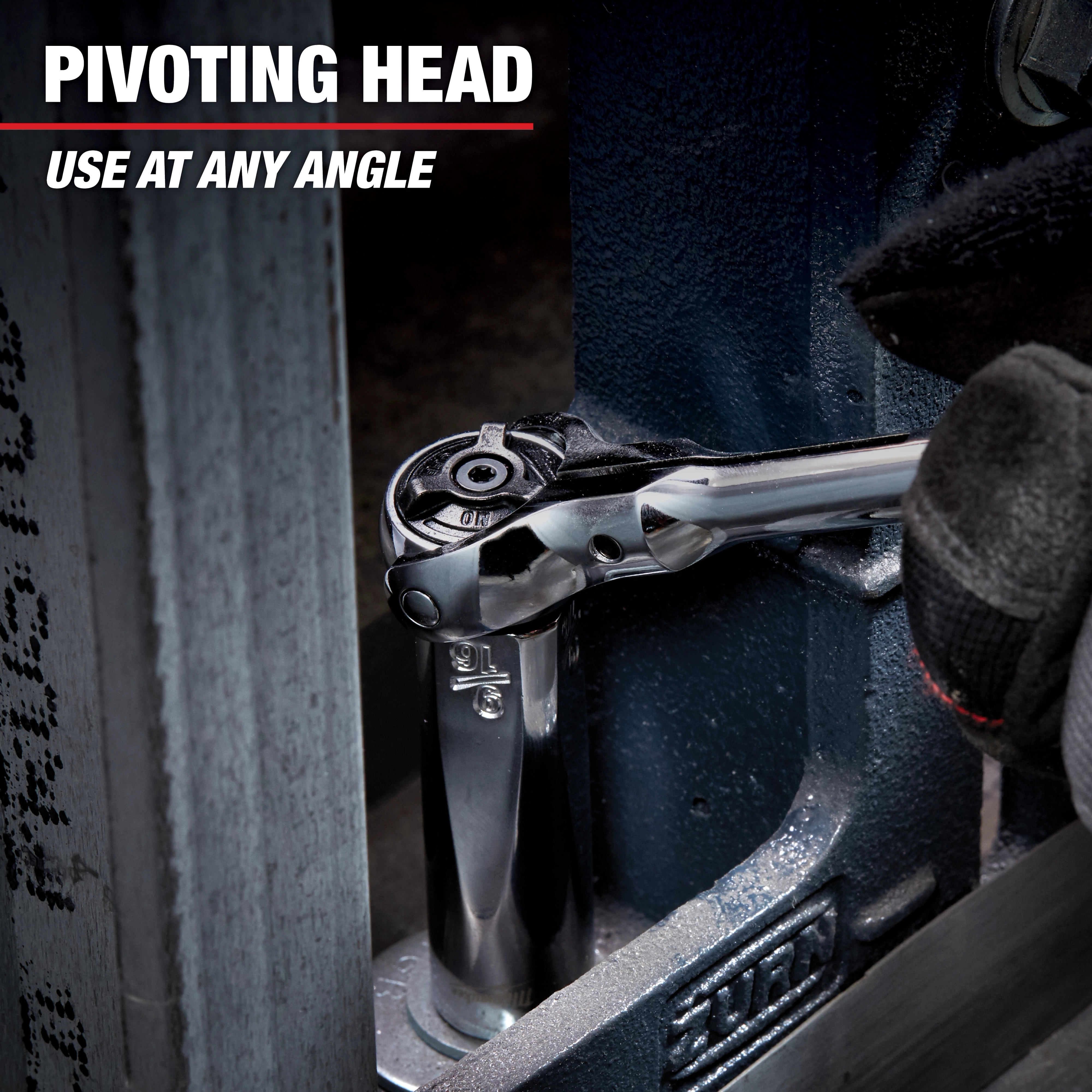 A close-up of a Mechanic%20Hand%20Tools ratchet with a pivoting head and a gloved hand using it at an angle. The image features text reading "PIVOTING HEAD, USE AT ANY ANGLE."