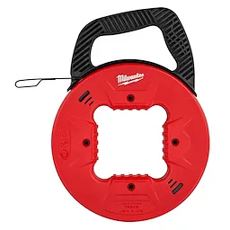 Red and black 1/8" 50' Steel Fish Tape with a handle and wire pulling loop, made by Milwaukee, designed for electrical work.