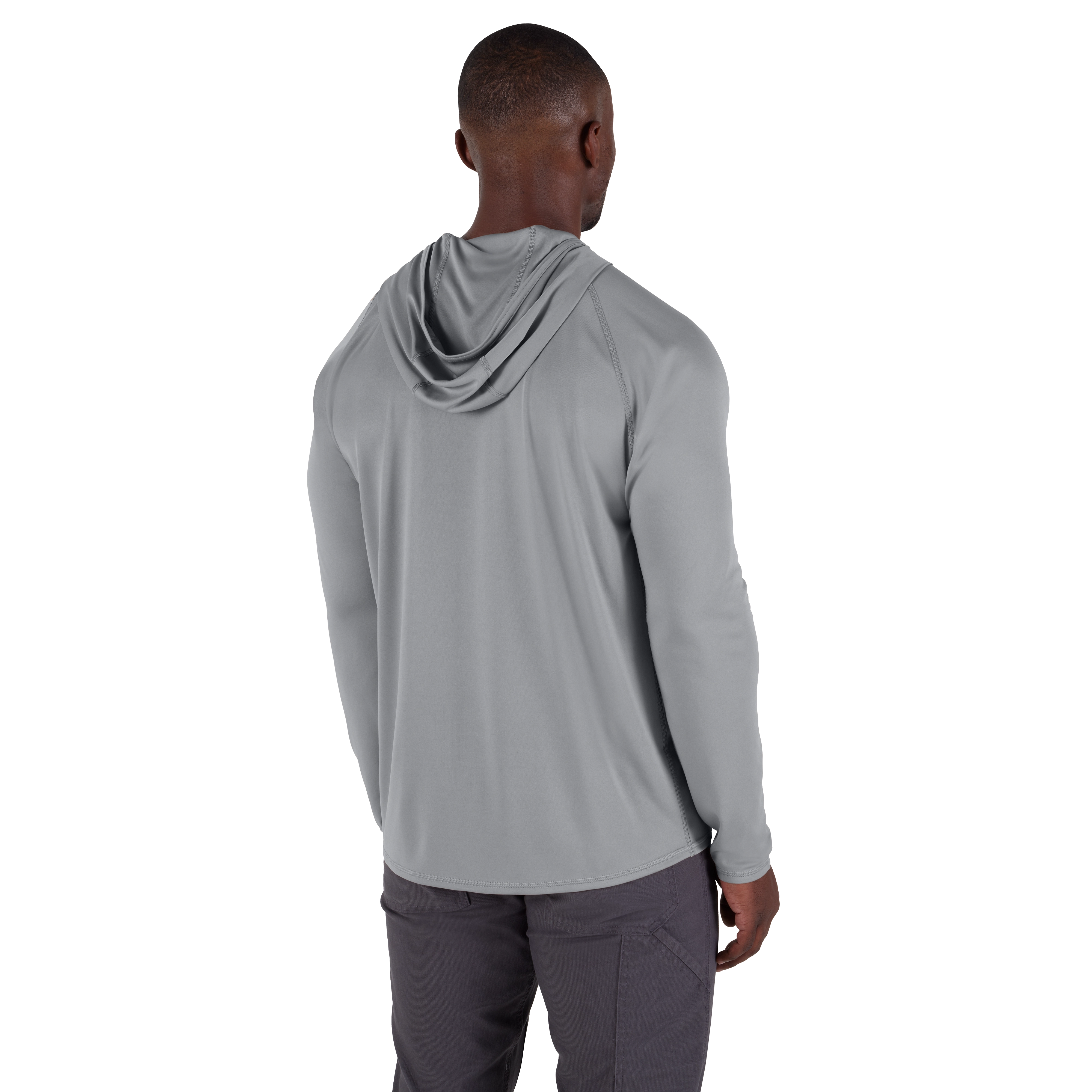 Rear view of a man wearing the WORKSKIN Hooded Sun Shirt in light gray, showcasing the long sleeves and hood.
