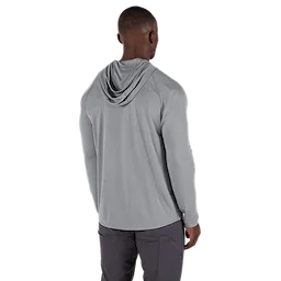Rear view of a man wearing the WORKSKIN Hooded Sun Shirt in light gray, showcasing the long sleeves and hood.
