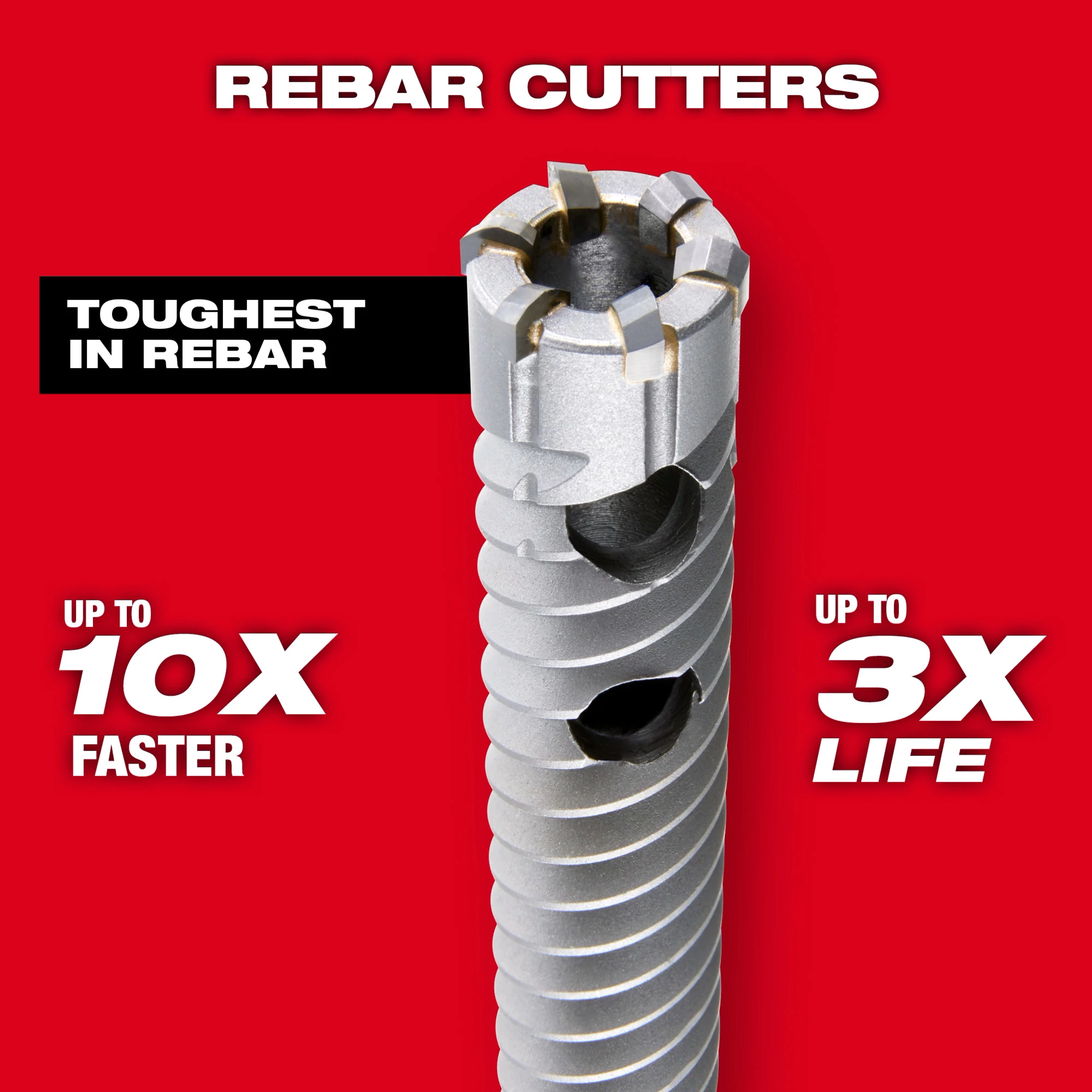 Rebar Cutter Image Reel with a red background, highlighting features like "toughest in rebar," "up to 10X faster," and "up to 3X life."