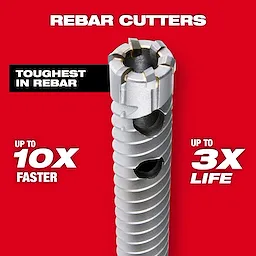 Rebar Cutter Image Reel with a red background, highlighting features like "toughest in rebar," "up to 10X faster," and "up to 3X life."