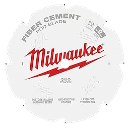 Fiber Cement Circular Saw Blade with polycrystalline diamond teeth, anti-friction coating, and laser cut technology. 12-inch, 8 teeth.