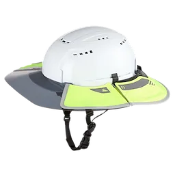 White hard hat with integrated BOLT Sun Visor. The helmet features a wrap-around grey and neon green visor for enhanced sun protection, and an adjustable black strap for a secure fit. The design includes ventilation slots for breathability.