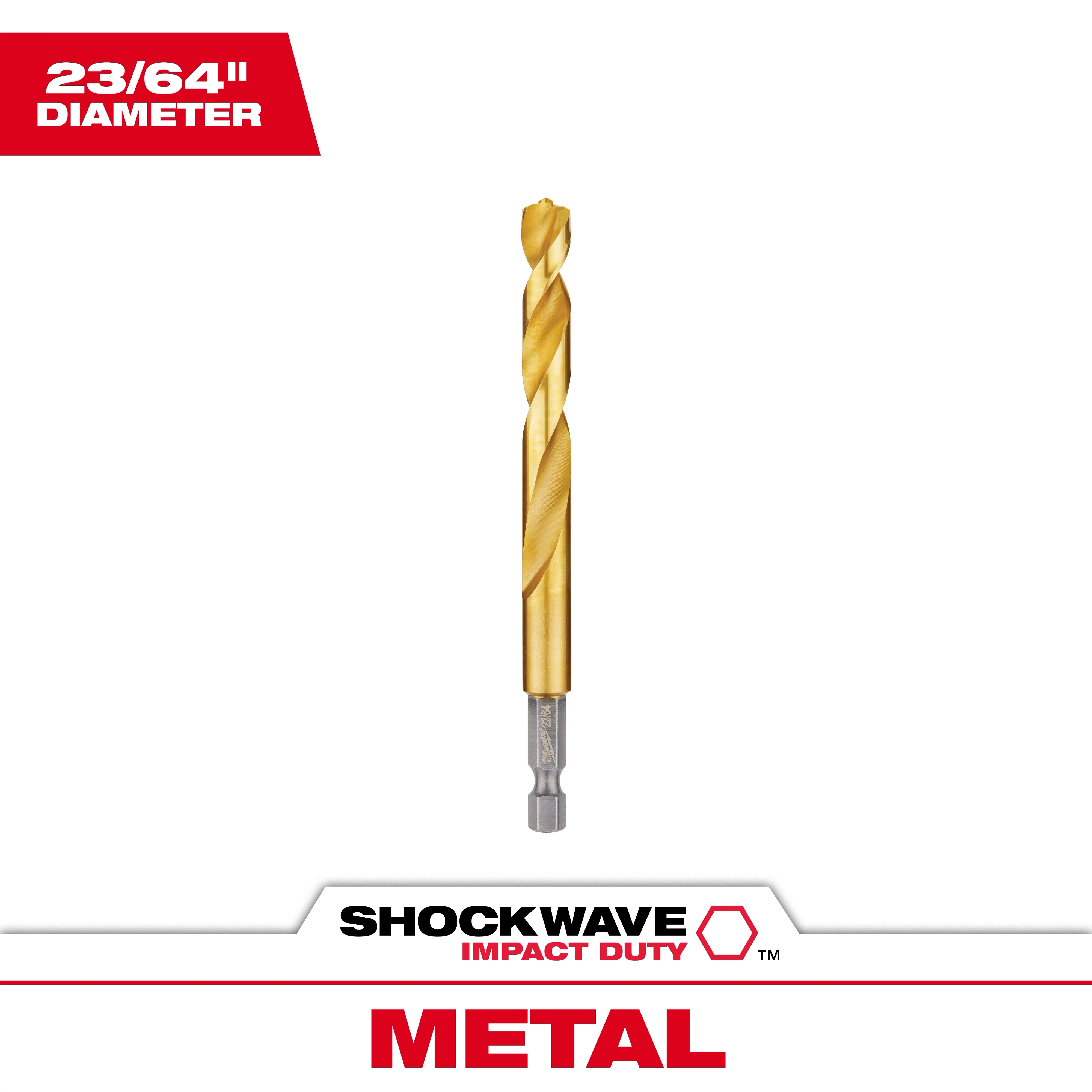 The product image shows a 23/64" diameter Shockwave Impact Duty metal drill bit, model number 48-89-4620, featuring a gold-colored finish.