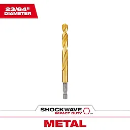 The product image shows a 23/64" diameter Shockwave Impact Duty metal drill bit, model number 48-89-4620, featuring a gold-colored finish.