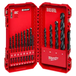 THUNDERBOLT® Black Oxide Drill Bit Set - 21PC is displayed in an open red case. The set includes various black oxide-coated drill bits organized by size, ranging from 1/16 to 1/2 inch. The interior of the case features secure holding slots and Milwaukee branding.