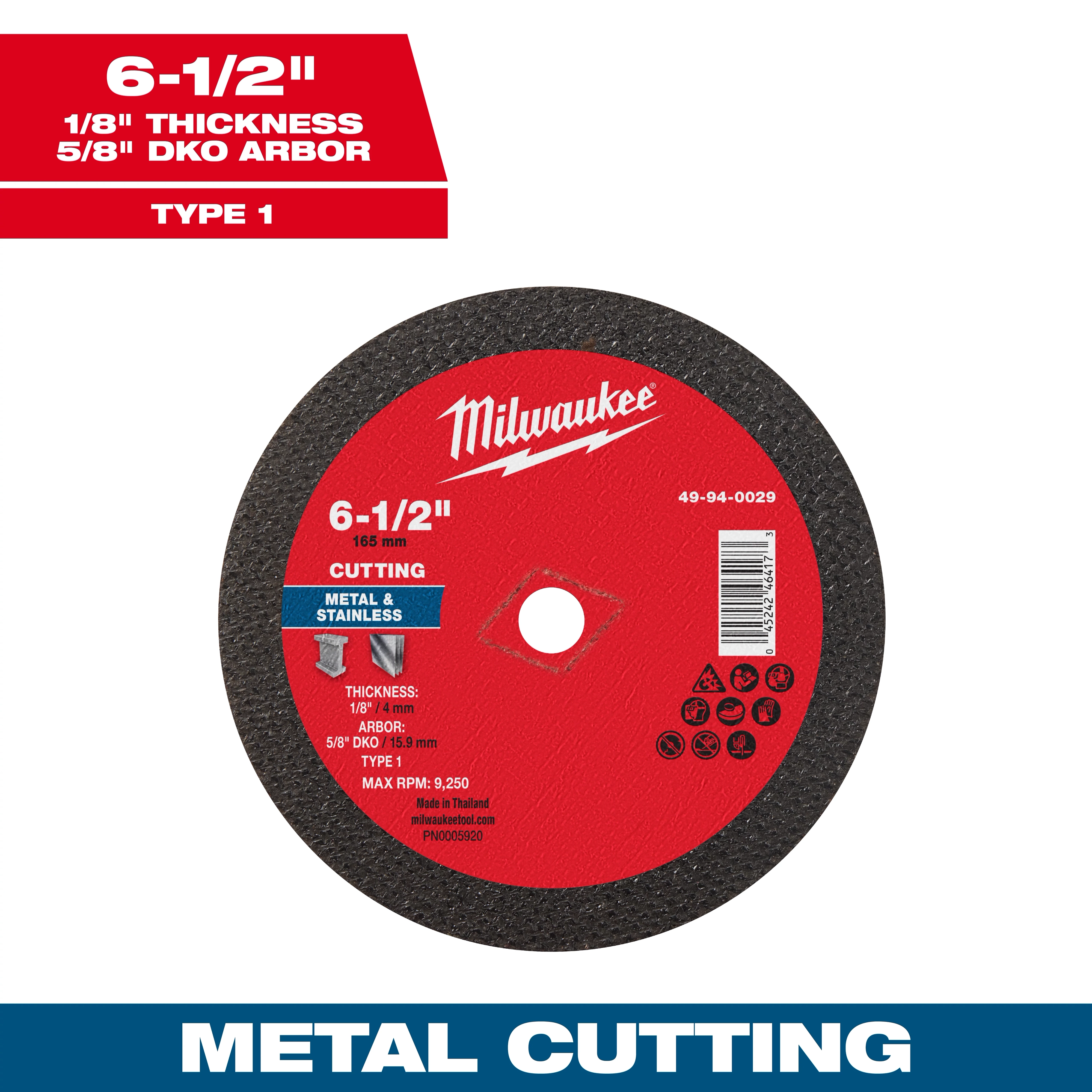 6-1/2" x 1/8" x 5/8" DKO Metal Cut Off Wheel Type 1 for cutting metal and stainless. Red and black disk with labeling.